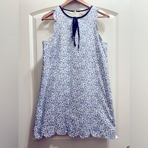 Used English Factory Blue/White Floral Paisley Scalloped Mini Dress, Size M,